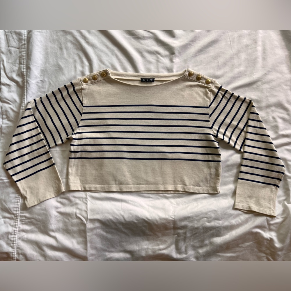 J. Crew Cream & Navy Striped Button-Shoulder Sweater